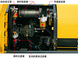 【减少燃料堵塞】燃料粗滤器能减少燃料堵塞、减少问题的发生。另外燃料、燃料 
过滤器等的集中配置也考虑了检查更换作业。